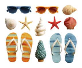 Beach accessories display sunglasses seashells and flip flops for summer vibes isolated on transparent background