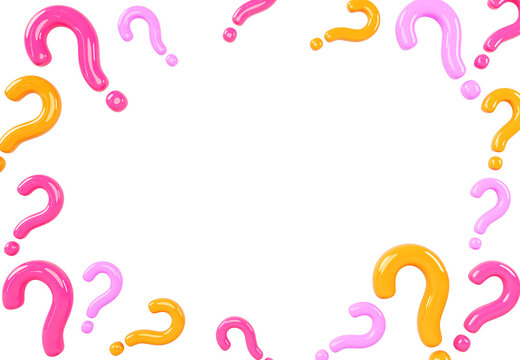 3d color question marks frame on purple render background. Concept of school education, questionnaire or quiz. Banner template with border of ask sign symbols and empty space for text