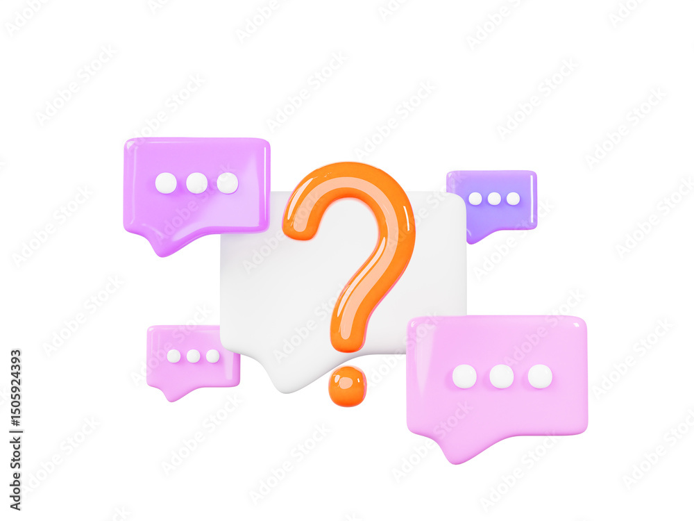 Poster 3d speech bubbles with question mark render. chat message icons, signs of faq, dialog with support. 