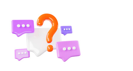 3d speech bubbles with faq sign render purple background. Question answer communication banner. Dialogue, speak and chat message boxes, frames, ask balloon, social media web icons