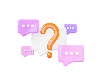 3d speech bubbles with question mark render. Chat message icons, signs of faq, dialog with support. Talk boxes square shapes for dialog, conversation, comments on purple background