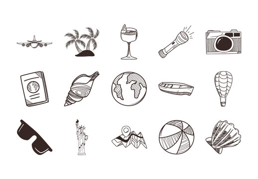 Black And White Travel Doodle Holiday Vacation Sketch Illustration Set