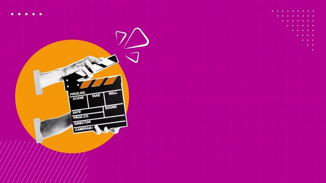 Halftone collage Hands holding clapper board making video cinema in studio. 