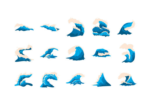 Blue And White Waves Splash Ocean Surfing Designs Illustration Set