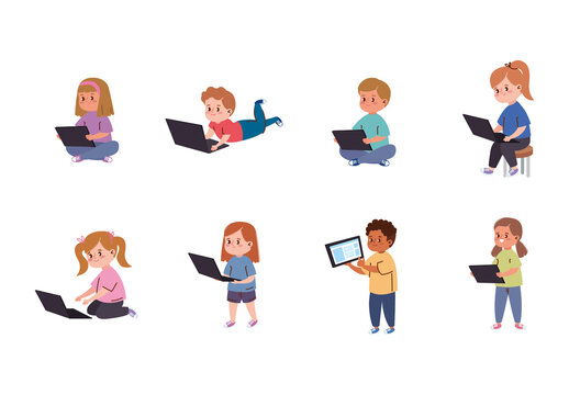 Colorful Kids Using Electronic Devices Children Technology Learning Illustrations Set
