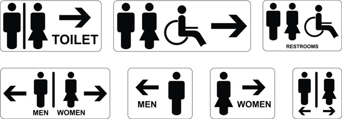 Gender and Disability Restroom icons Set. Male, female and disabled toilet symbol, washroom signs, WC toilet, Hand wash signs isolated on transparent Background. vector illustration 