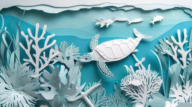 Underwater paper cutout art showcasing sea turtle swimming among coral reefs and fish in vibrant blue ocean environment