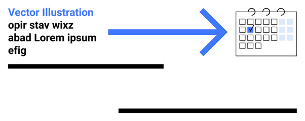 Blue arrow connecting list of tasks to marked calendar date symbolizing task flow, organization. Ideal for productivity, workflow, planning, schedule, goal tracking, task management, simple landing