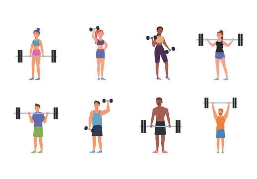 Colorful People Gym Workout Personal Fitness Training Illustrations Design Set