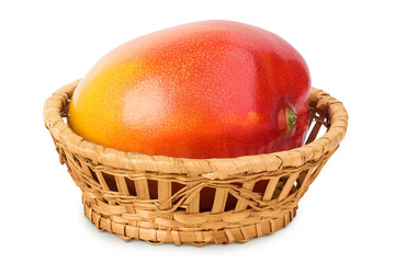 Ripe mango in a wicker basket isolated on white background with full depth of field