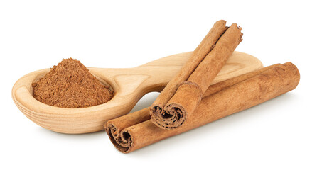 Cinnamon sticks with powder in wooden spoon isolated on white background with full depth of field