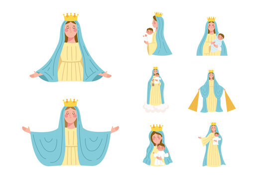 Blue And Yellow Virgin Perpetual Help Religious Catholic Illustrations Set