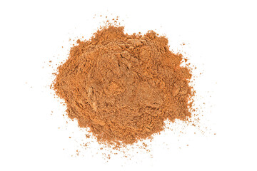 Cinnamon powder pile isolated on white background. Top view. Flat lay.