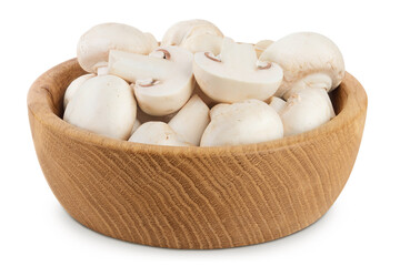 Fresh mushroom champignon in a wooden bowl isolated on white background