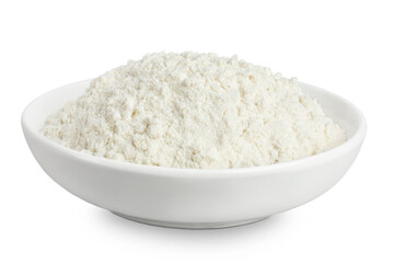 White flour in ceramic bowl isolated on white background