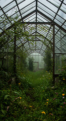 Obraz premium Overgrown abandoned greenhouse in misty atmosphere