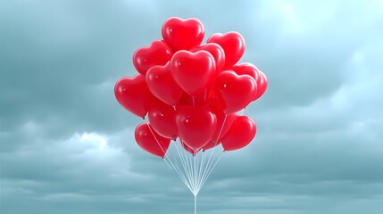 A cluster of vibrant red heart-shaped balloons floating against a soft blue sky