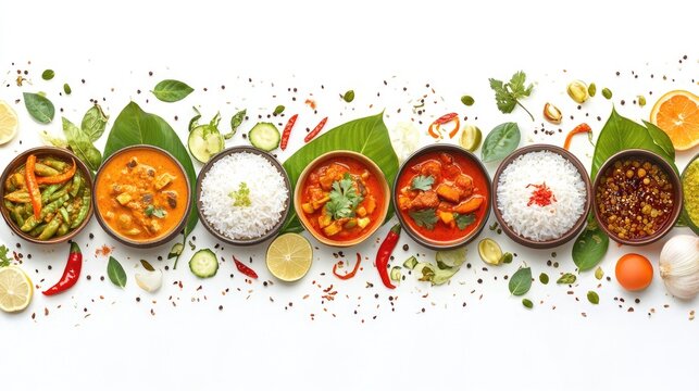 Banana leaf rice with assorted curries and vegetables, vibrant spread on white