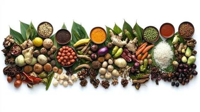 Banana leaf rice with assorted curries and vegetables, vibrant spread on white