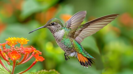 Fototapeta premium A vibrant hummingbird hovering delicately over a bloom, its wings a blur of motion, with the background softly out of focus to emphasize the vivid colors and minute details of its feathers.