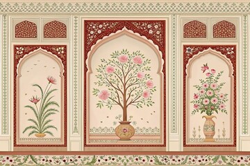 Intricate floral murals display traditional Indian art in decorated arches and panels for detailed elegance