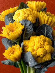 Yellow cauliflower and bright chrysanthemum blend in a radiant, surreal bouquet—an unexpected celebration of nature’s color harmony.