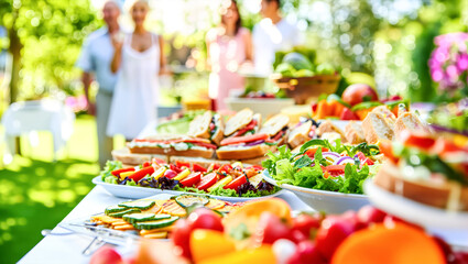 Summer garden party feast: outdoor buffet table for family & friends celebration. Al fresco dining, vibrant healthy food display, backyard entertaining. 