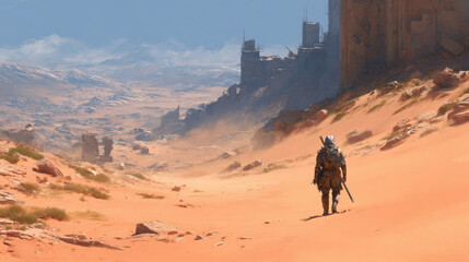 Fototapeta premium A lone fighter survives in a ruined desert world.