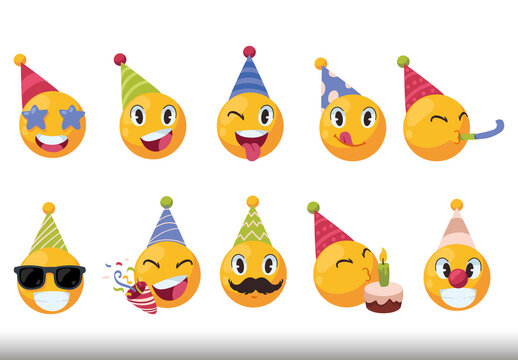 Colorful Birthday Emojis Party Emoticon Illustrations Design Set