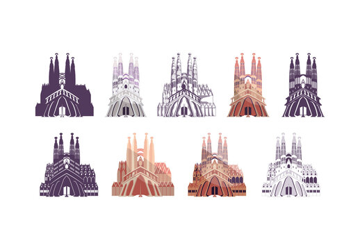 Purple And Beige Basilica Cathedral Holy Family Landmark Catholic Emblematic Illustrations Set