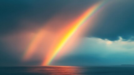 Naklejka premium Majestic Rainbow Arching Over Calm Ocean Water Beneath Dramatic Clouds During Golden Hour with Soft Light Reflections