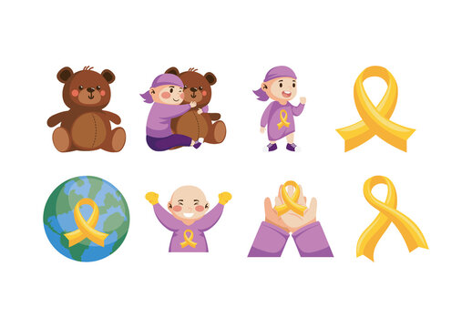 Yellow And Purple Childhood Cancer Day Awareness Illustrations Set