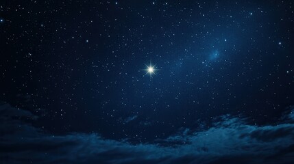 Naklejka premium Bright Star Illuminating the Dark Night Sky with Twinkling Stars and Soft Clouds in the Background