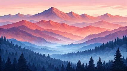 Obraz premium Misty mountain ranges cascade gently under pastel skies with deep evergreen forests below a serene scene