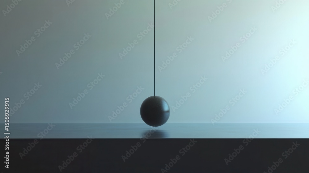 Poster black sphere hanging from a thin string over a smooth surface with gradient background in minimalist