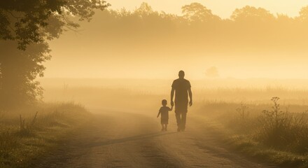 Father and Child Walking Through a Foggy Forest Path