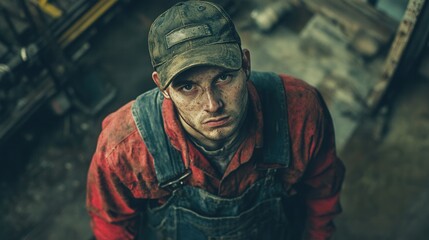Obraz premium Determined Construction Worker in Gritty Workshop Environment with Dirt and Stains on Face and Clothing Looking Up with Intense Expression