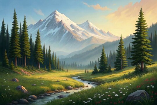 Mountain landscape presents a serene with a stream flowing through verdant trees and wildflowers