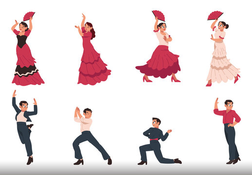 Red And White Flamenco Dancers Spanish Dance Culture Illustration Design Set