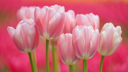 Obraz premium Close-up of Delicate Pink and White Tulips Blooming in Springtime Garden