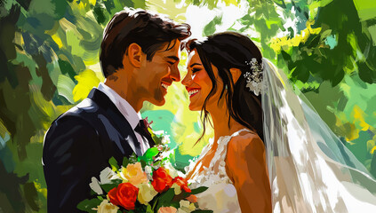 A joyful bride and groom dressed in elegant wedding attire, holding beautiful bouquets of flowers and smiling warmly at each other, capturing a romantic moment.