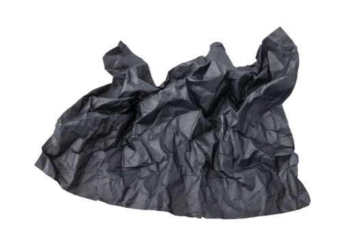 Black crumpled paper isolated on transparent background