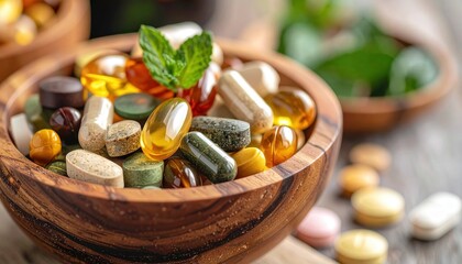 A Wooden Bowl Filled with Various Dietary Supplements and Vitamins Close Up Health and Wellness Concept Image