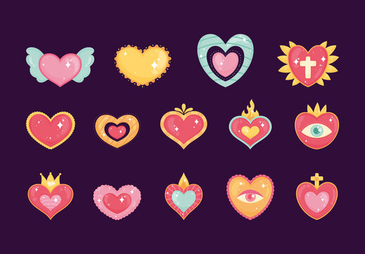 Colorful Mexican Hearts Sacred Decorative Illustrations Design