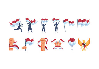 Red And White Indonesia Flag Freedom Unity National Illustrations Set