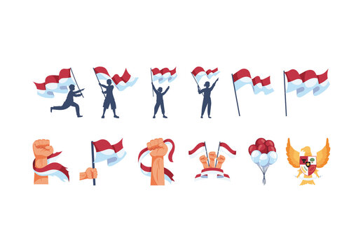 Red And White Indonesia Flag Freedom Unity National Illustrations Set