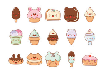 Colorful Kawaii Dessert Cute Sweet Food Illustration Design Set