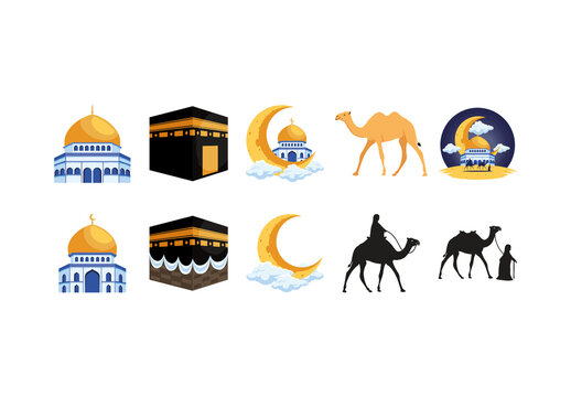 Colorful Isra Miraj Sacred Kaaba Mosque Pilgrimage Illustration Design Set
