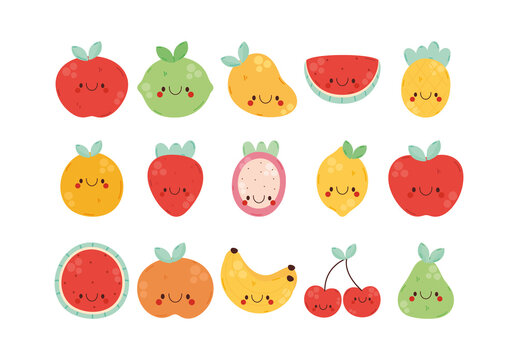 Colorful Kawaii Fruits Cute Healthy Food Illustration Design Set