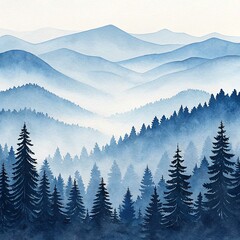 Obraz premium Serene watercolor vista displays blue mountains and evergreen trees shrouded in misty haze